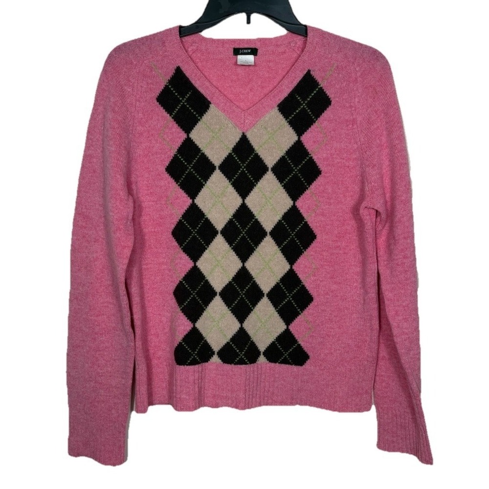 J. Crew 100% Lambs Wool Argyle‎ Pink Sweater Size Large Preppy Academia
